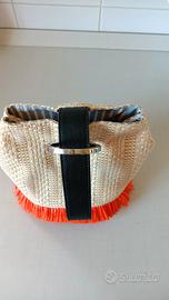 Borsa secchiello paglia beige con frange arancioni