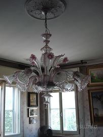 2 LAMPADARI IN VETRO COLORATO+2 LAMPADARI CERAMICA