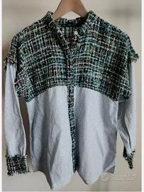 Zara Basic Tweed Shoulder Striped Button Up Shirt