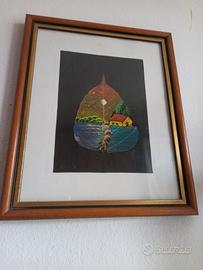 4 quadri con foglie dipinte a mano