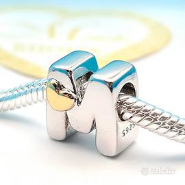 Charm argento 925 lettera M cuoricino oro cuore 