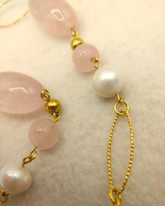 Collana QUARZO  ROSA, PERLE di fiume e acciaio oro