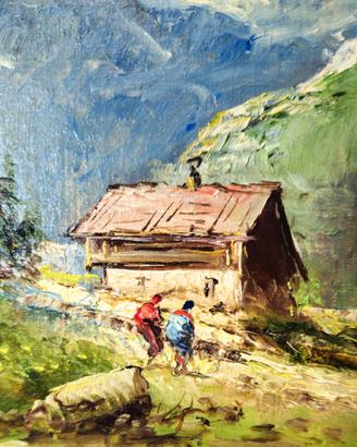 Dipinto firmato olio su cartone telato Veduta Alpi