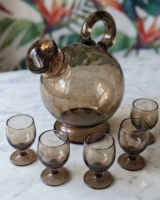 Servizio Liquore Vintage Vetro Fumé Anni '70 