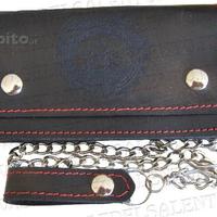 Portafoglio motociclista pelle cuciture rosso skul