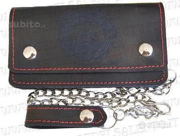 Portafoglio motociclista pelle cuciture rosso skul