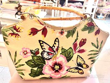 Borsa fiori donna manici in bamboo
