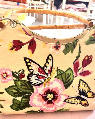 Borsa fiori donna manici in bamboo