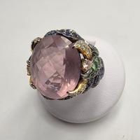 ANELLO ORO DIAMANTI ZAFFIRI SMERALDI QUARZO ROSA