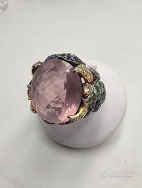 ANELLO ORO DIAMANTI ZAFFIRI SMERALDI QUARZO ROSA