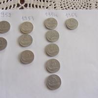 Monete da lire 5 dal 1952 al 1955 , euro 10 a mone