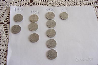 Monete da lire 5 dal 1952 al 1955 , euro 10 a mone