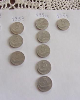 Monete da lire 5 dal 1952 al 1955 , euro 10 a mone