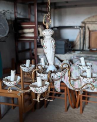 Lampadario d'epoca vintage in ceramica dipinta