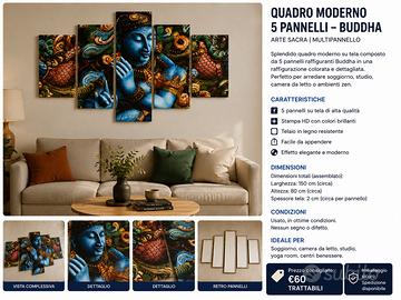 Quadro Moderno Buddha 5 Pannelli XXL