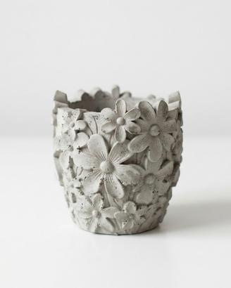Vaso in Cemento con Fiori in Rilievo Artigianale