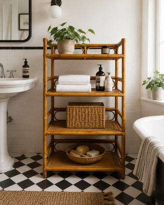 Etagère vintage anni ’70 in midollino/rattan