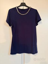 T-shirt Twin Set blu con perle e cristalli tg. M