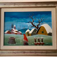 Dipinto Olio Tela + Cornice De Micheli 50x70 Naif