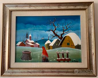 Dipinto Olio Tela + Cornice De Micheli 50x70 Naif