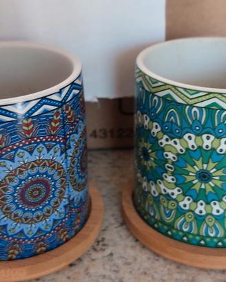 4 vasetti in ceramica con sottovaso in bambu