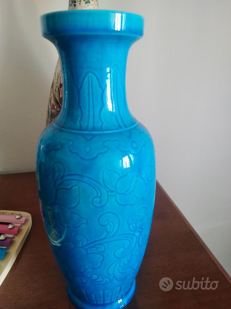 Grand Vase Oriental Ancien En Céramique Peinte Et émaillée, H48 X D25 Cm