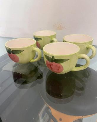 SET 4 TAZZE CERAMICA VERDE DECORAZIONE FRUTTA DIPI