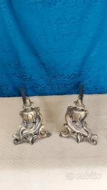 Coppia Antichi Alari Bronzo E Ferro Battuto Xix Se