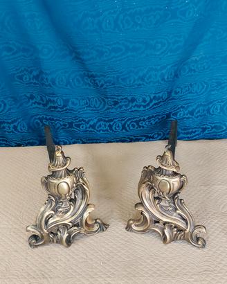 Coppia Antichi Alari Bronzo E Ferro Battuto Xix Se