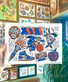Stampa Artistica Tattoo Flash - New York Knicks