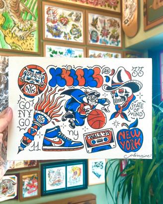 Stampa Artistica Tattoo Flash - New York Knicks