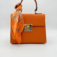 Borsa a mano in pelle arancione con foulard - Eleg