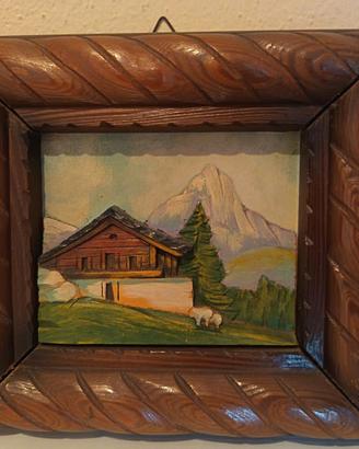 Quadro legno intagliato Baita e Pecore vintage