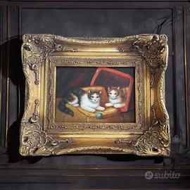 Splendido dipinto anni 40 inglese gatti e cornice
