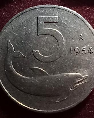 5 lire con delfino del 1954