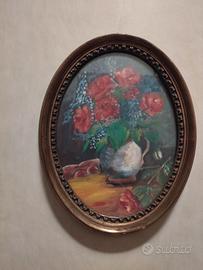Quadro Ovale Vaso Fiori piante natura morta rosso