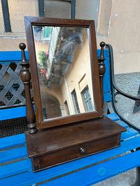 Specchiera da tavolo vintage in legno con cassetto