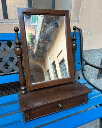 Specchiera da tavolo vintage in legno con cassetto