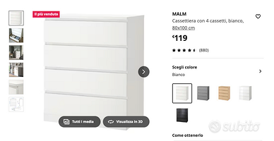 Cassettiera IKEA MALM bianca con 4 cassetti