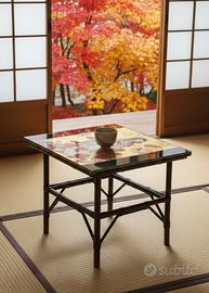 tavolino basso stile giapponese in bambù e vetro 