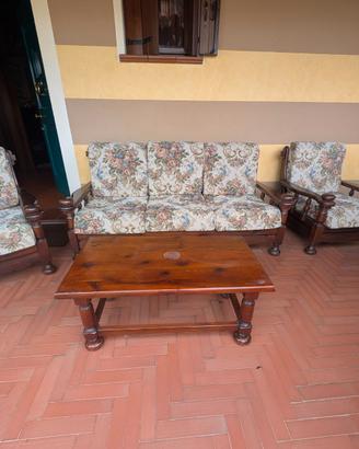 Salottino divano, 2 poltrone, tavolino in legno