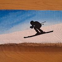Quadro montagna su asse di legno antica - Sciatore