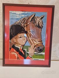 Quadro con ricamo fatto a mano cavallo e fantino