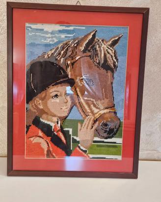 Quadro con ricamo fatto a mano cavallo e fantino