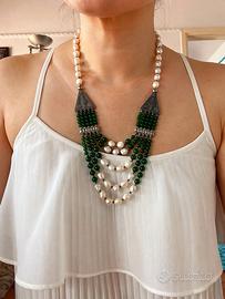 Collana Statement Multistrato Verde e Perle