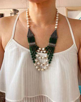 Collana Statement Multistrato Verde e Perle