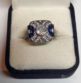 Anello in stile Art Déco zirconi zaffiro platino