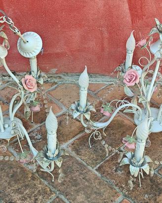 Lampadario vintage ferro battuto cristallo e ceram