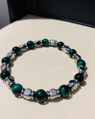 Bracciale acciaio, pietre naturali occhio di tigre