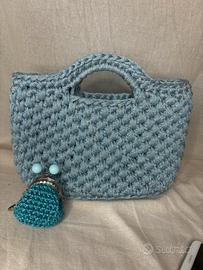 Borsa e portachiavi/portamonete azzurro uncinetto